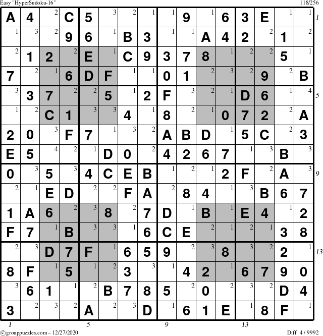 The grouppuzzles.com Easy HyperSudoku-16 puzzle for Sunday December 27, 2020, suitable for printing, with all 4 steps marked