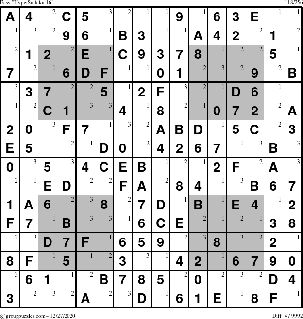 The grouppuzzles.com Easy HyperSudoku-16 puzzle for Sunday December 27, 2020 with the first 3 steps marked