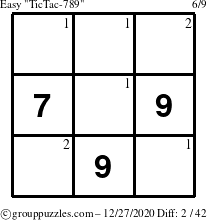 The grouppuzzles.com Easy TicTac-789 puzzle for Sunday December 27, 2020 with the first 2 steps marked