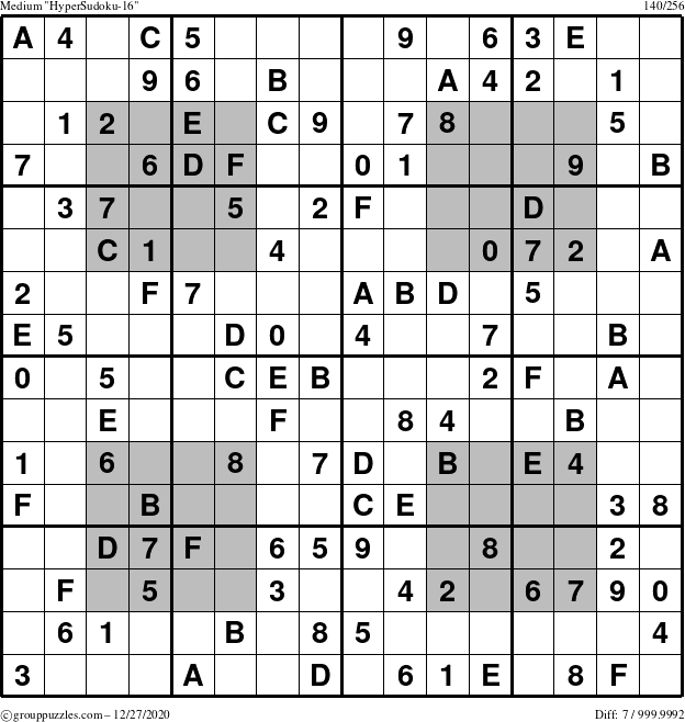 The grouppuzzles.com Medium HyperSudoku-16 puzzle for Sunday December 27, 2020