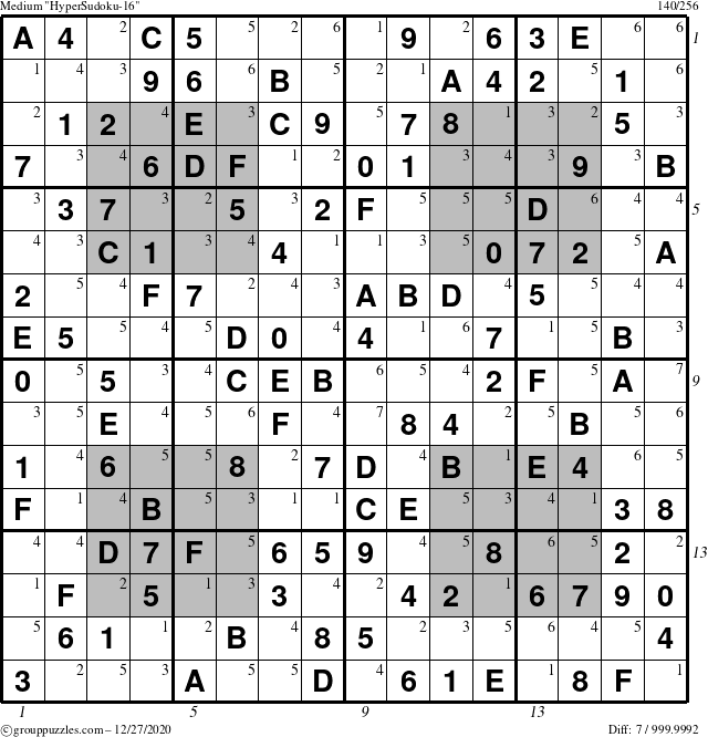 The grouppuzzles.com Medium HyperSudoku-16 puzzle for Sunday December 27, 2020 with all 7 steps marked