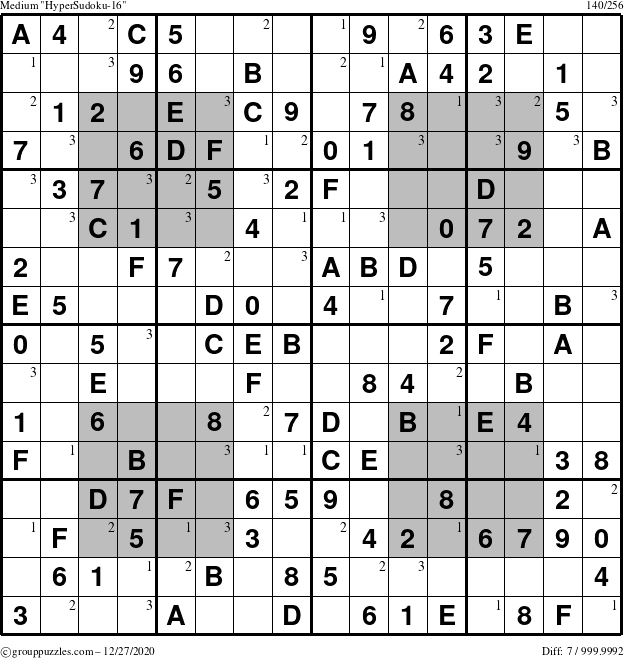 The grouppuzzles.com Medium HyperSudoku-16 puzzle for Sunday December 27, 2020 with the first 3 steps marked