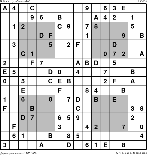 The grouppuzzles.com Difficult HyperSudoku-16 puzzle for Sunday December 27, 2020