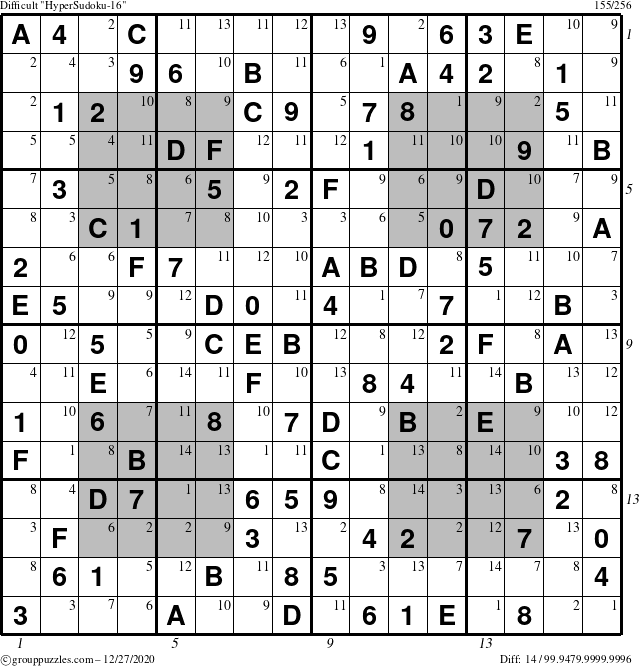 The grouppuzzles.com Difficult HyperSudoku-16 puzzle for Sunday December 27, 2020, suitable for printing, with all 14 steps marked