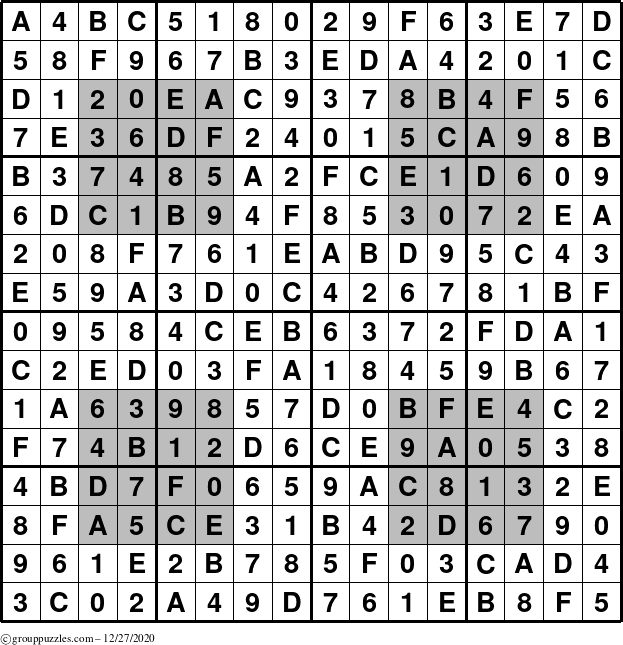 The grouppuzzles.com Answer grid for the HyperSudoku-16 puzzle for Sunday December 27, 2020