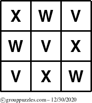 The grouppuzzles.com Answer grid for the TicTac-VWX puzzle for Wednesday December 30, 2020