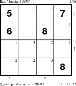 The grouppuzzles.com Easy Sudoku-4-5678 puzzle for Wednesday December 30, 2020, suitable for printing, with all 3 steps marked