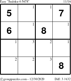 The grouppuzzles.com Easy Sudoku-4-5678 puzzle for Wednesday December 30, 2020 with the first 3 steps marked