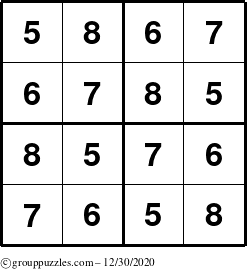 The grouppuzzles.com Answer grid for the Sudoku-4-5678 puzzle for Wednesday December 30, 2020