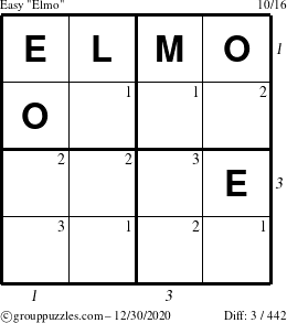 The grouppuzzles.com Easy Elmo puzzle for Wednesday December 30, 2020 with all 3 steps marked