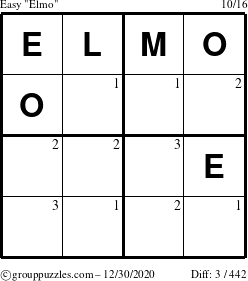 The grouppuzzles.com Easy Elmo puzzle for Wednesday December 30, 2020 with the first 3 steps marked