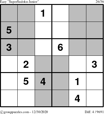 The grouppuzzles.com Easy SuperSudoku-Junior puzzle for Wednesday December 30, 2020