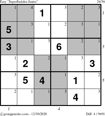 The grouppuzzles.com Easy SuperSudoku-Junior puzzle for Wednesday December 30, 2020 with all 4 steps marked