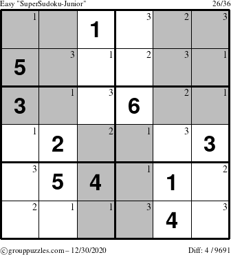 The grouppuzzles.com Easy SuperSudoku-Junior puzzle for Wednesday December 30, 2020 with the first 3 steps marked