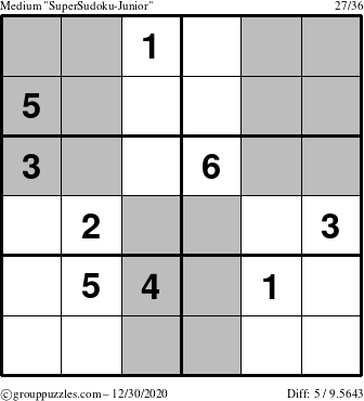 The grouppuzzles.com Medium SuperSudoku-Junior puzzle for Wednesday December 30, 2020