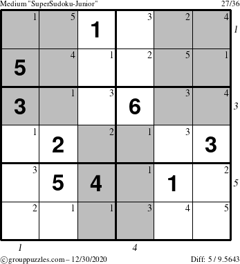 The grouppuzzles.com Medium SuperSudoku-Junior puzzle for Wednesday December 30, 2020 with all 5 steps marked