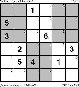 The grouppuzzles.com Medium SuperSudoku-Junior puzzle for Wednesday December 30, 2020 with the first 3 steps marked