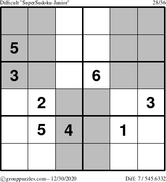 The grouppuzzles.com Difficult SuperSudoku-Junior puzzle for Wednesday December 30, 2020