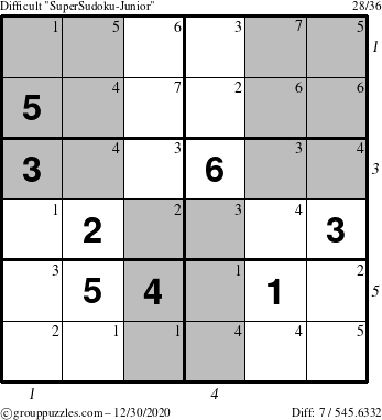 The grouppuzzles.com Difficult SuperSudoku-Junior puzzle for Wednesday December 30, 2020 with all 7 steps marked