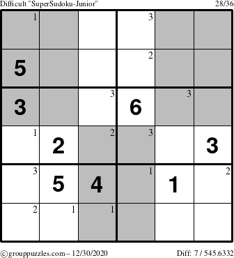 The grouppuzzles.com Difficult SuperSudoku-Junior puzzle for Wednesday December 30, 2020 with the first 3 steps marked