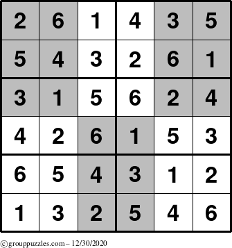 The grouppuzzles.com Answer grid for the SuperSudoku-Junior puzzle for Wednesday December 30, 2020