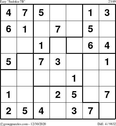 The grouppuzzles.com Easy Sudoku-7B puzzle for Wednesday December 30, 2020