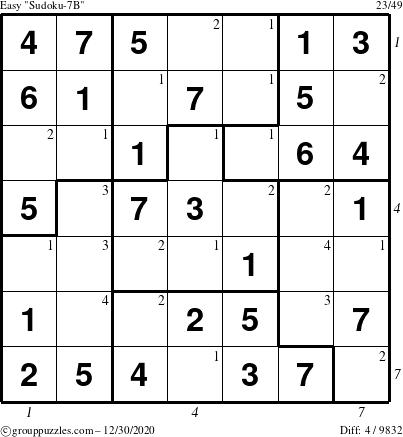 The grouppuzzles.com Easy Sudoku-7B puzzle for Wednesday December 30, 2020 with all 4 steps marked