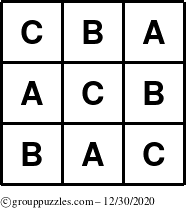 The grouppuzzles.com Answer grid for the TicTac-ABC puzzle for Wednesday December 30, 2020