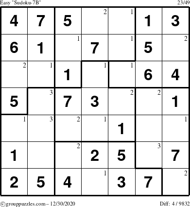 The grouppuzzles.com Easy Sudoku-7B puzzle for Wednesday December 30, 2020 with the first 3 steps marked