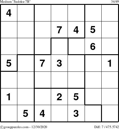 The grouppuzzles.com Medium Sudoku-7B puzzle for Wednesday December 30, 2020