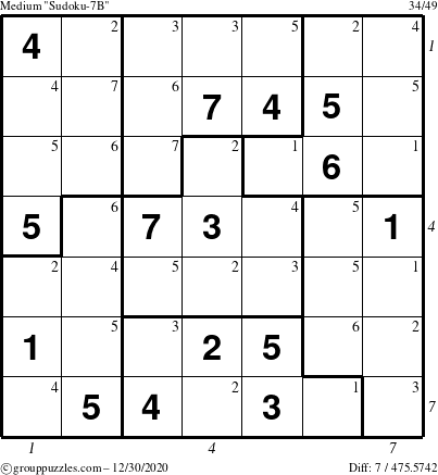 The grouppuzzles.com Medium Sudoku-7B puzzle for Wednesday December 30, 2020, suitable for printing, with all 7 steps marked