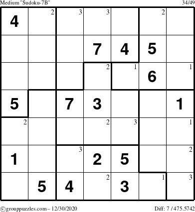 The grouppuzzles.com Medium Sudoku-7B puzzle for Wednesday December 30, 2020 with the first 3 steps marked