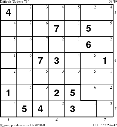 The grouppuzzles.com Difficult Sudoku-7B puzzle for Wednesday December 30, 2020 with all 7 steps marked