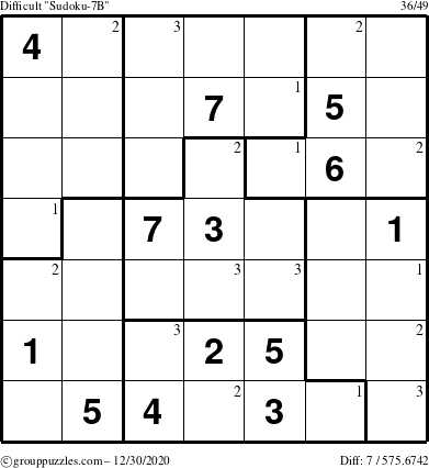 The grouppuzzles.com Difficult Sudoku-7B puzzle for Wednesday December 30, 2020 with the first 3 steps marked