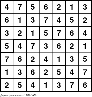 The grouppuzzles.com Answer grid for the Sudoku-7B puzzle for Wednesday December 30, 2020