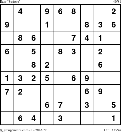 The grouppuzzles.com Easy Sudoku puzzle for Wednesday December 30, 2020