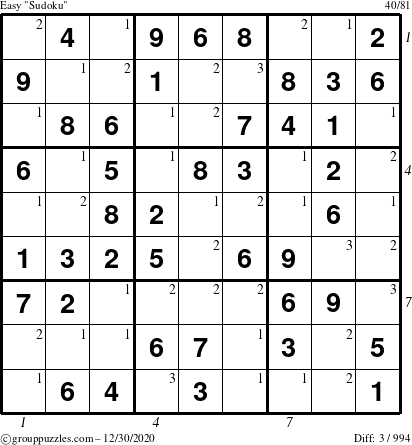 The grouppuzzles.com Easy Sudoku puzzle for Wednesday December 30, 2020 with all 3 steps marked