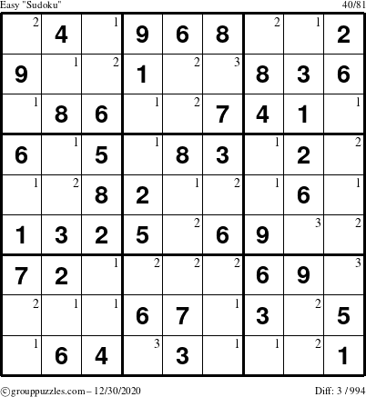 The grouppuzzles.com Easy Sudoku puzzle for Wednesday December 30, 2020 with the first 3 steps marked