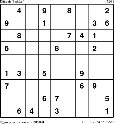 The grouppuzzles.com Difficult Sudoku puzzle for Wednesday December 30, 2020