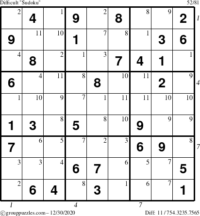 The grouppuzzles.com Difficult Sudoku puzzle for Wednesday December 30, 2020 with all 11 steps marked