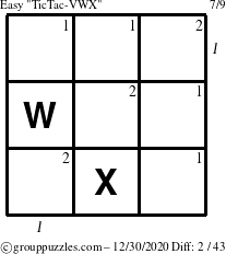 The grouppuzzles.com Easy TicTac-VWX puzzle for Wednesday December 30, 2020 with all 2 steps marked