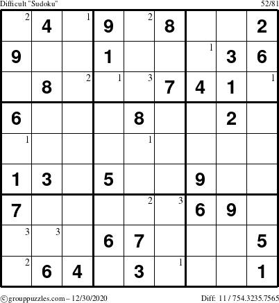 The grouppuzzles.com Difficult Sudoku puzzle for Wednesday December 30, 2020 with the first 3 steps marked