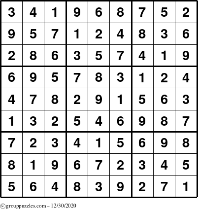 The grouppuzzles.com Answer grid for the Sudoku puzzle for Wednesday December 30, 2020