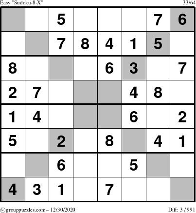 The grouppuzzles.com Easy Sudoku-8-X puzzle for Wednesday December 30, 2020