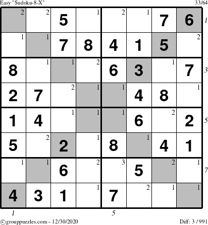 The grouppuzzles.com Easy Sudoku-8-X puzzle for Wednesday December 30, 2020 with all 3 steps marked