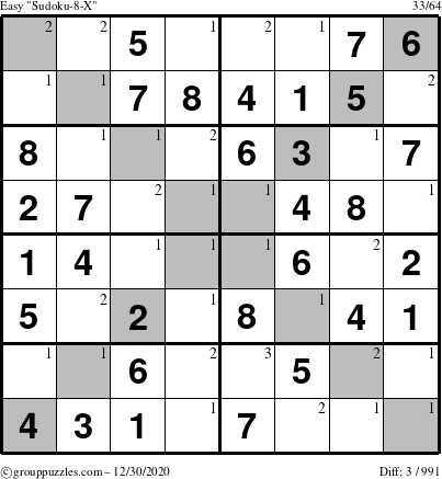 The grouppuzzles.com Easy Sudoku-8-X puzzle for Wednesday December 30, 2020 with the first 3 steps marked