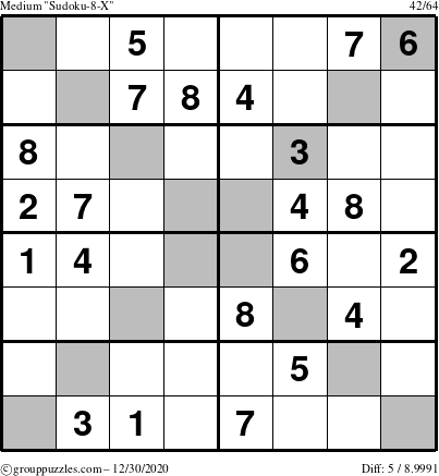 The grouppuzzles.com Medium Sudoku-8-X puzzle for Wednesday December 30, 2020