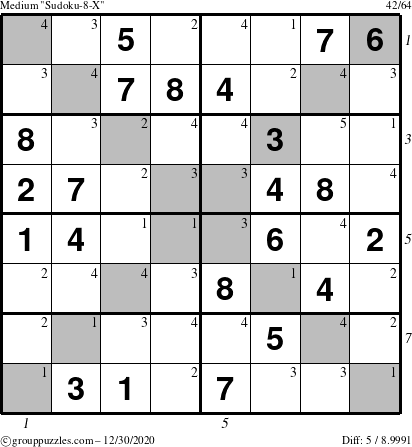 The grouppuzzles.com Medium Sudoku-8-X puzzle for Wednesday December 30, 2020 with all 5 steps marked