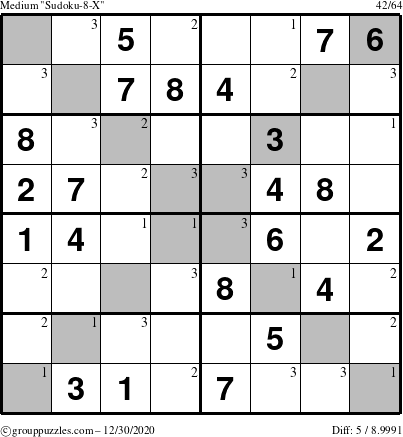 The grouppuzzles.com Medium Sudoku-8-X puzzle for Wednesday December 30, 2020 with the first 3 steps marked