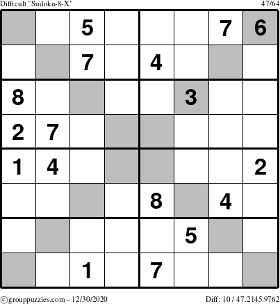 The grouppuzzles.com Difficult Sudoku-8-X puzzle for Wednesday December 30, 2020